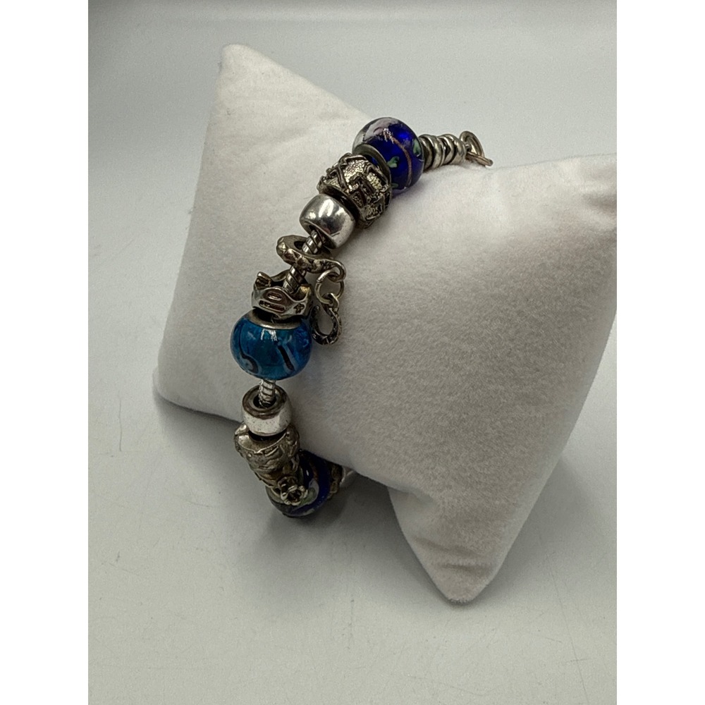 Silver Tone Blue Glass Charm Bracelet‎ Heart Clasp Dice Money Bag Charms 7.5in